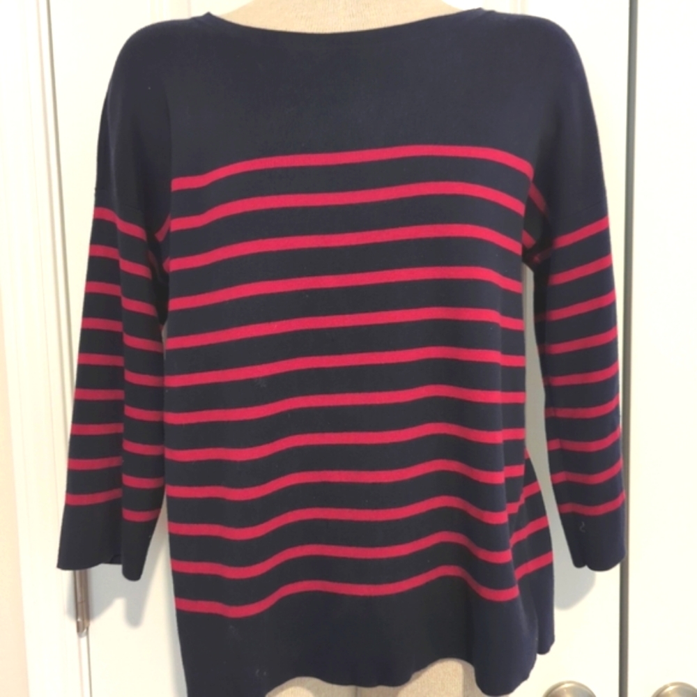 Loft Striped Split Back Knit Top Size Medium Red Navy Soft Sweater Pullo…